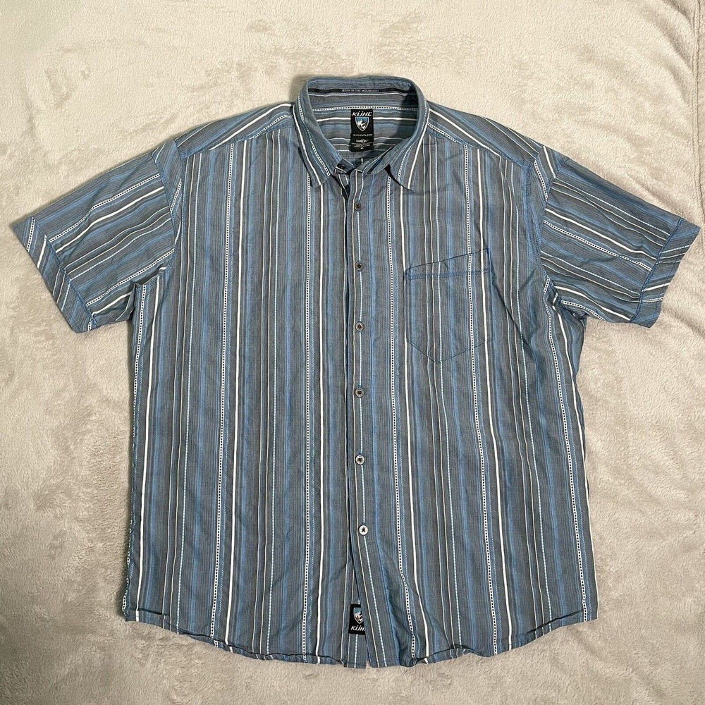 Kuhl Shirt Mens XL Short Sleeve Button Front Lightweight Stripes Casual Suncel